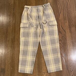 French Connection Yellow and Black Plaid Women's Trousers with cargo pockets